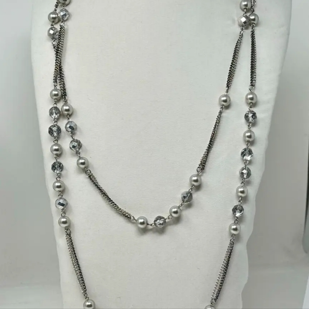 Gorgeous EXPRESS Long Faux Pearl & Crystal Necklace Mixed Metal Chains 2 Layers